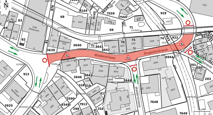 Auf einer Karte ist die Strassensperre rot eingezeichnet.